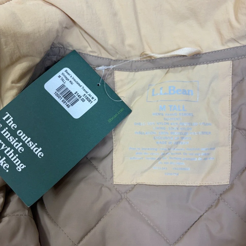 NWT LL Bean Men's Insulated Travel Jacket Medium Tall Khaki Brown Hood 518081